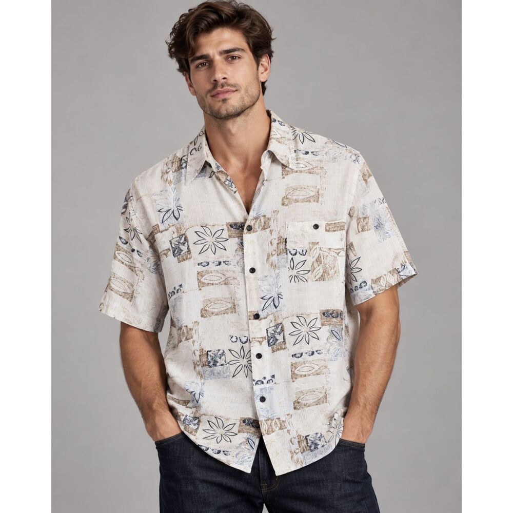Mens L Y2K Abstract Floral Rayon Linen Shirt Coastal Boho Resort Italian Design